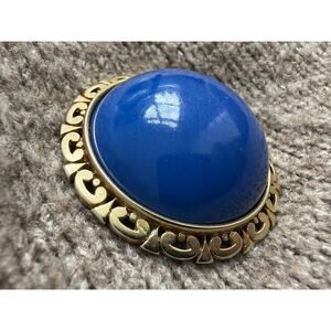 Vintage 2” Blue Cabochon Gold Tone Brooch Large 60s 70s Statement